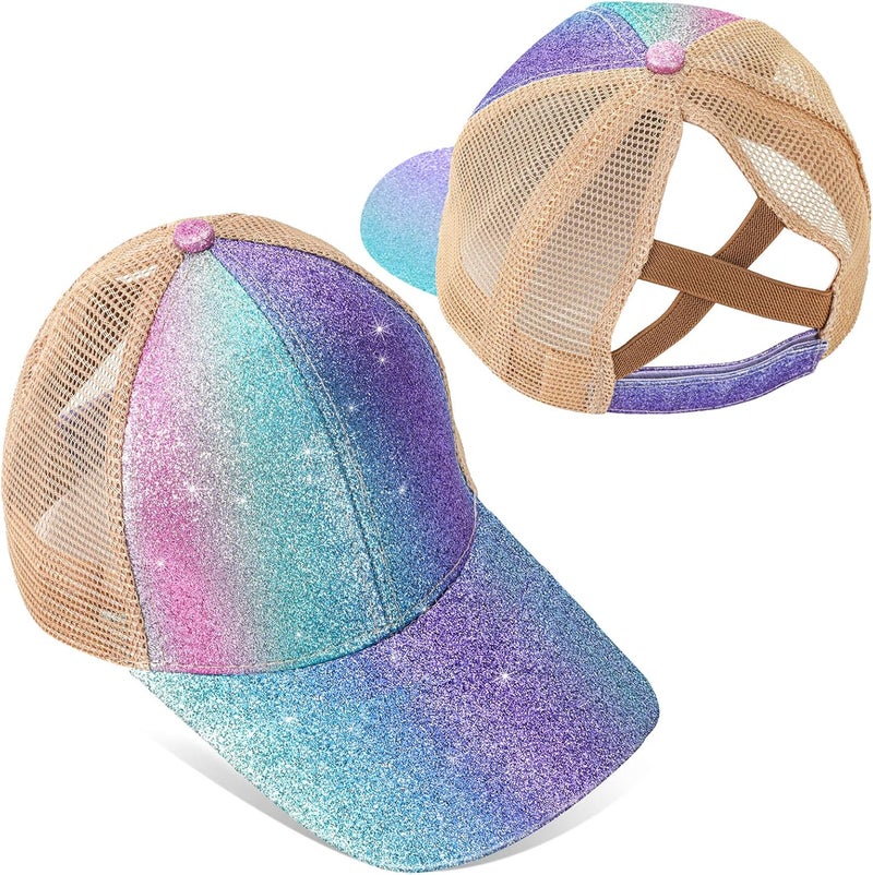 BROMZ Girls Glitter Baseball Cap Kids Ponytail Hat Adjustable Summer Mesh Trucker Hats for 4-12 Years - Image 3